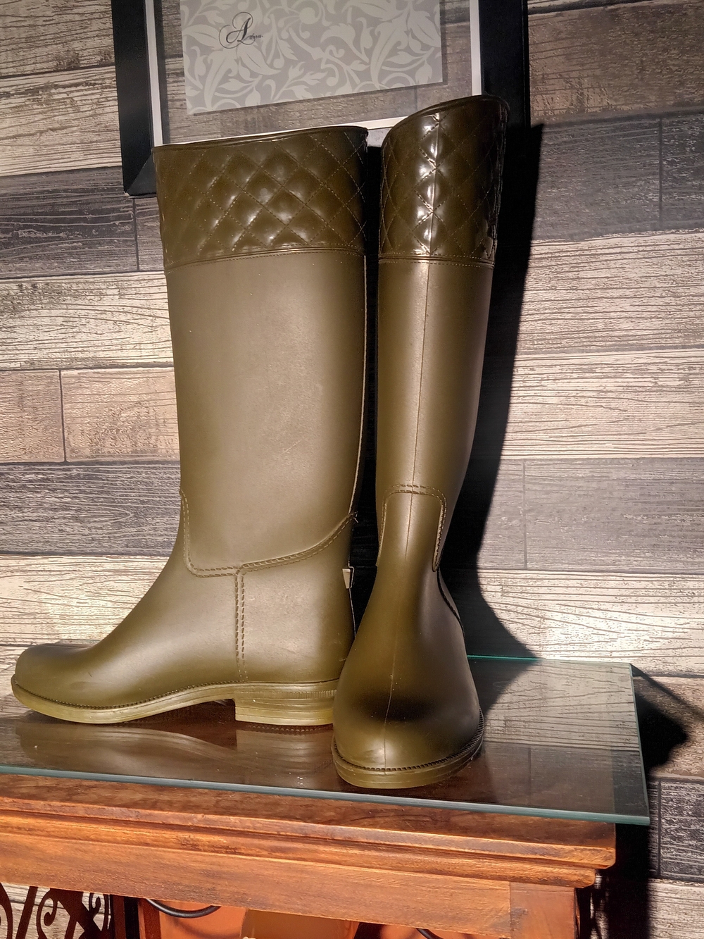 Quilted-Trim Olive Knee-High Rain Boots - Women's